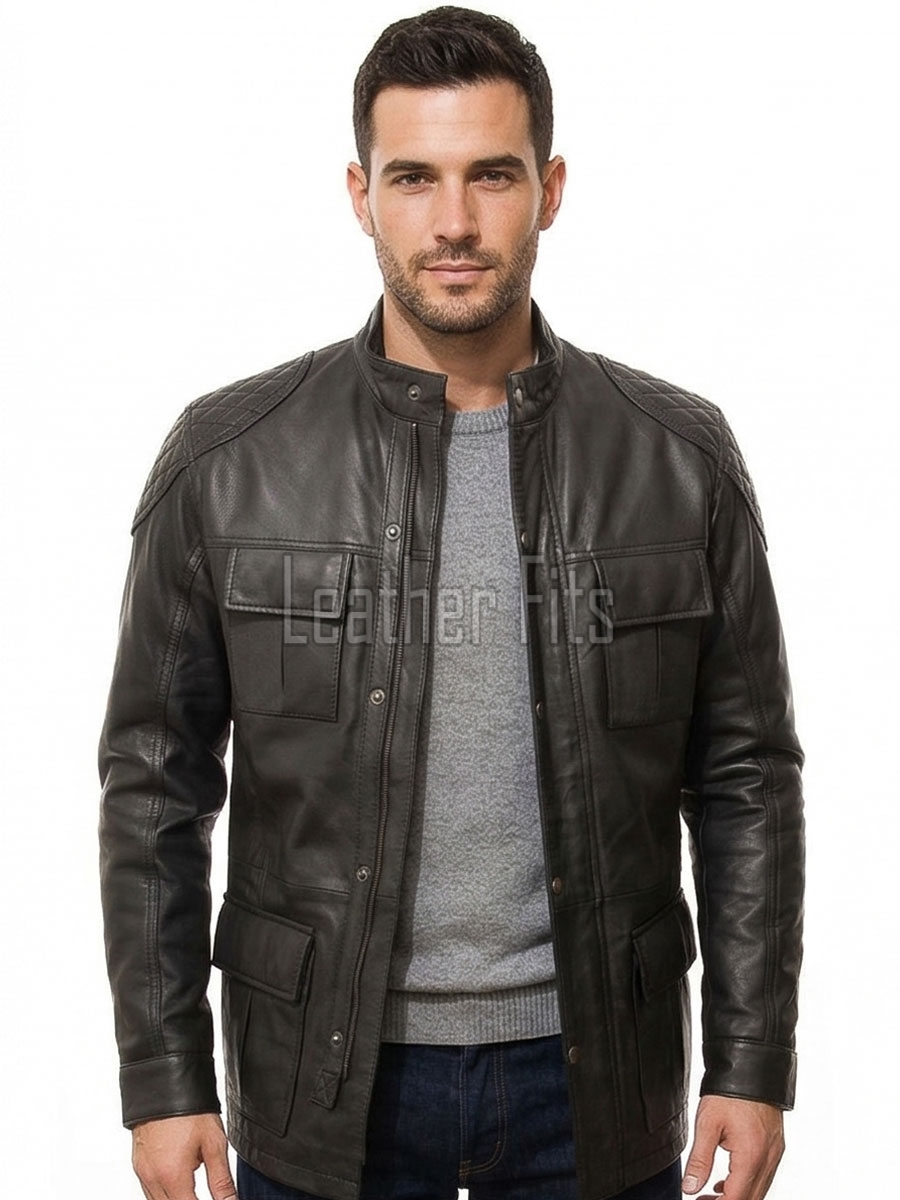 Men Charcoal Leather Quilted Car Coat | Premium Obsidian Sheepskin Moto Duster | Luxury Winter Diamond Stitch Urban Patrol Overcoat