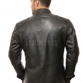 Men Charcoal Leather Quilted Car Coat | Premium Obsidian Sheepskin Moto Duster | Luxury Winter Diamond Stitch Urban Patrol Overcoat