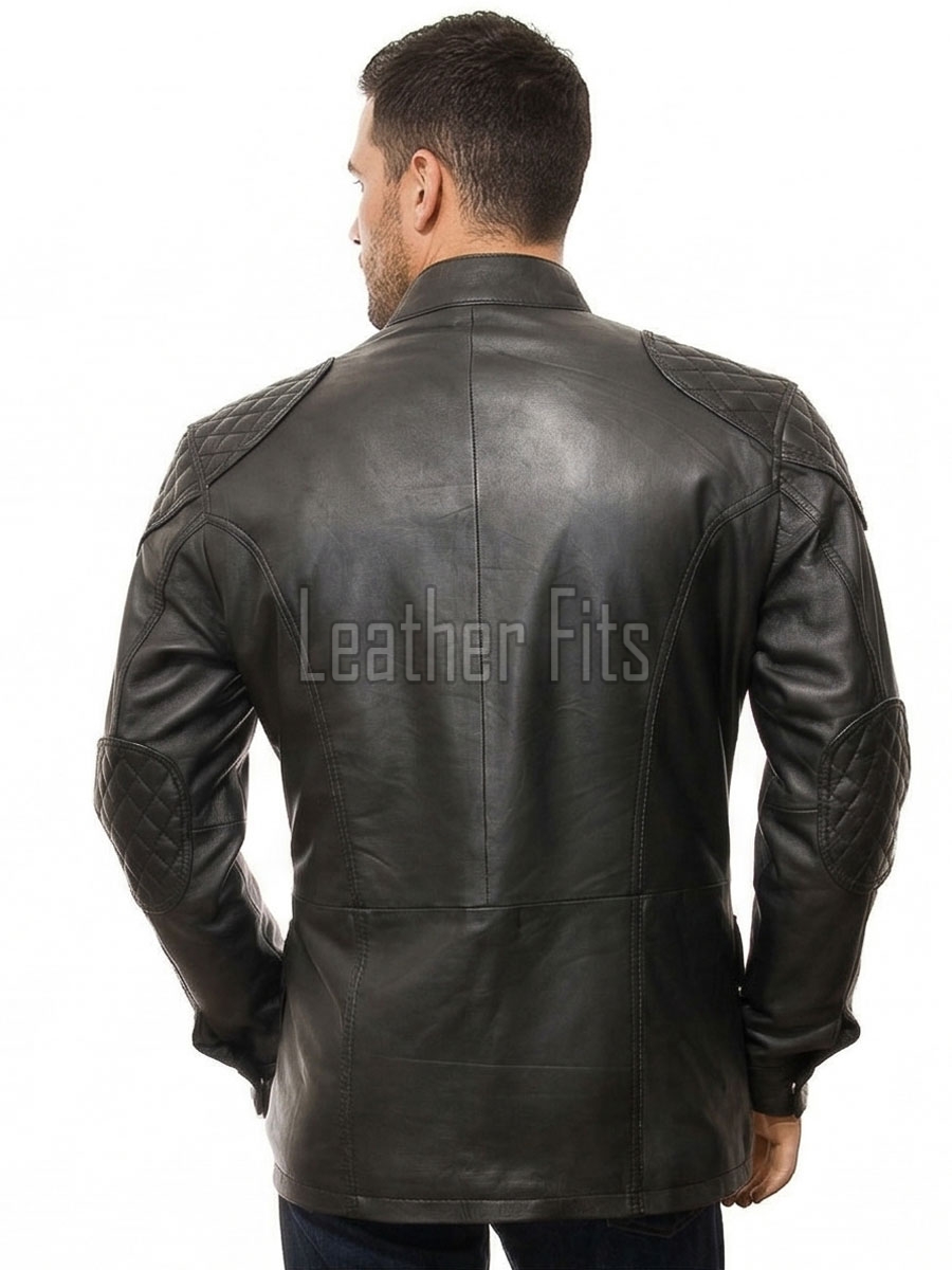Men Charcoal Leather Quilted Car Coat | Premium Obsidian Sheepskin Moto Duster | Luxury Winter Diamond Stitch Urban Patrol Overcoat