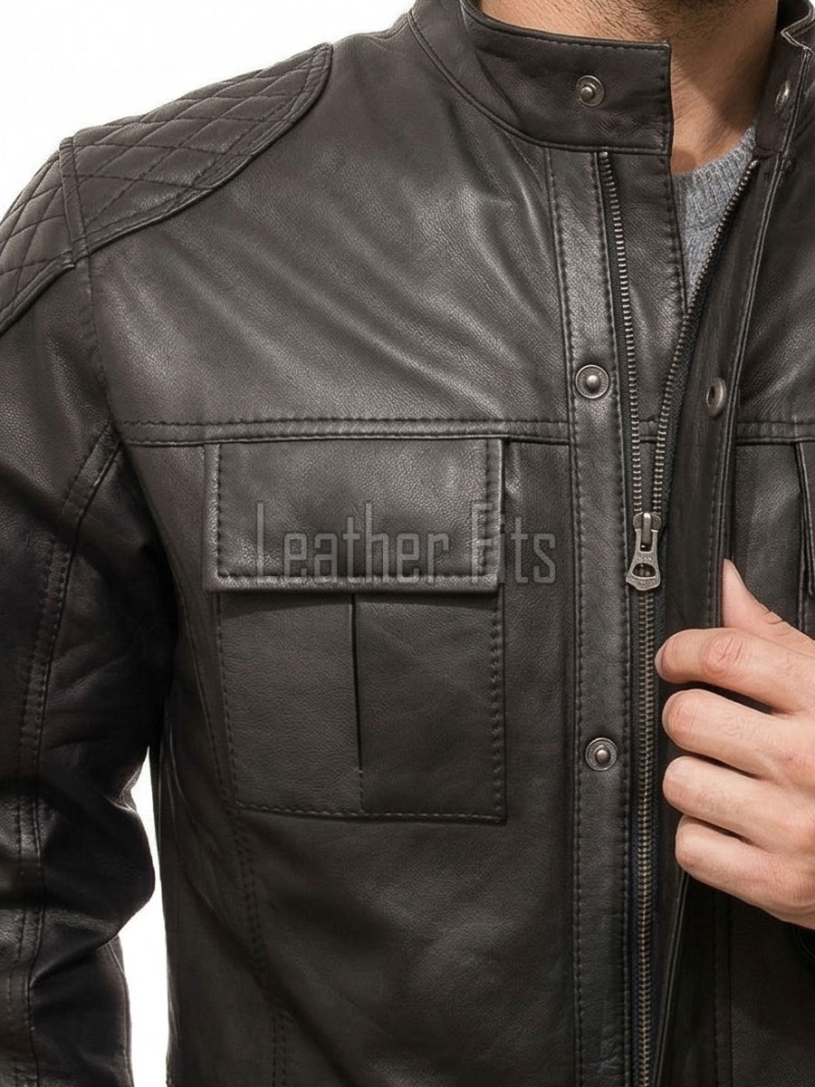 Men Charcoal Leather Quilted Car Coat | Premium Obsidian Sheepskin Moto Duster | Luxury Winter Diamond Stitch Urban Patrol Overcoat