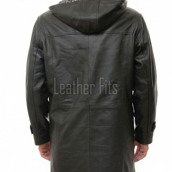 Men Hooded Black Leather Duffle Coat | Premium Onyx Sheepskin Toggle Parka Overcoat | Luxury Tartan Plaid Winter Heavy Outerwear
