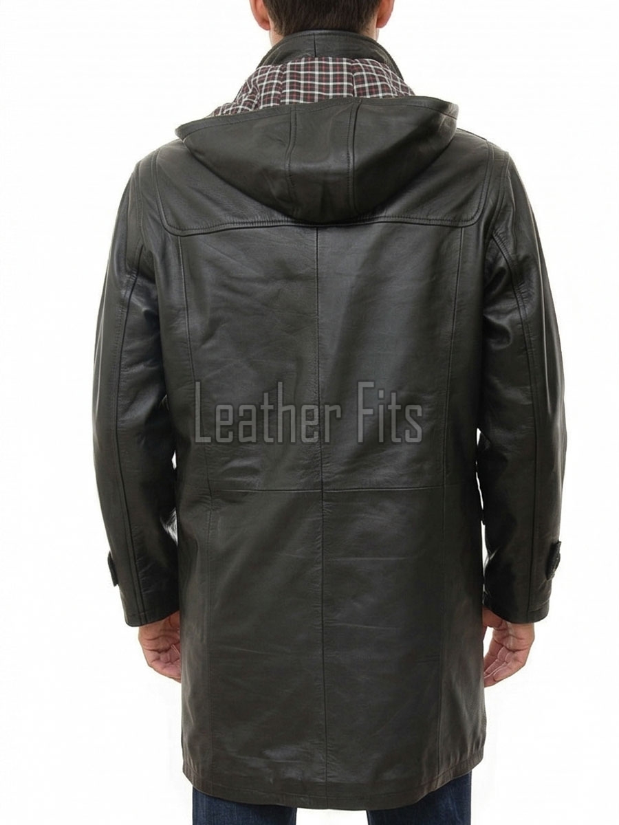 Men Hooded Black Leather Duffle Coat | Premium Onyx Sheepskin Toggle Parka Overcoat | Luxury Tartan Plaid Winter Heavy Outerwear
