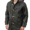 Men Hooded Black Leather Duffle Coat | Premium Onyx Sheepskin Toggle Parka Overcoat | Luxury Tartan Plaid Winter Heavy Outerwear