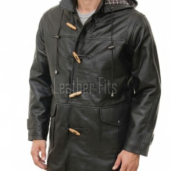 Men Hooded Black Leather Duffle Coat | Premium Onyx Sheepskin Toggle Parka Overcoat | Luxury Tartan Plaid Winter Heavy Outerwear