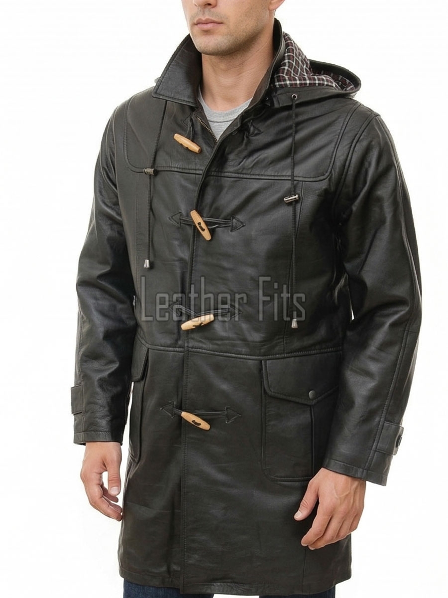 Men Hooded Black Leather Duffle Coat | Premium Onyx Sheepskin Toggle Parka Overcoat | Luxury Tartan Plaid Winter Heavy Outerwear