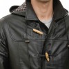Men Hooded Black Leather Duffle Coat | Premium Onyx Sheepskin Toggle Parka Overcoat | Luxury Tartan Plaid Winter Heavy Outerwear