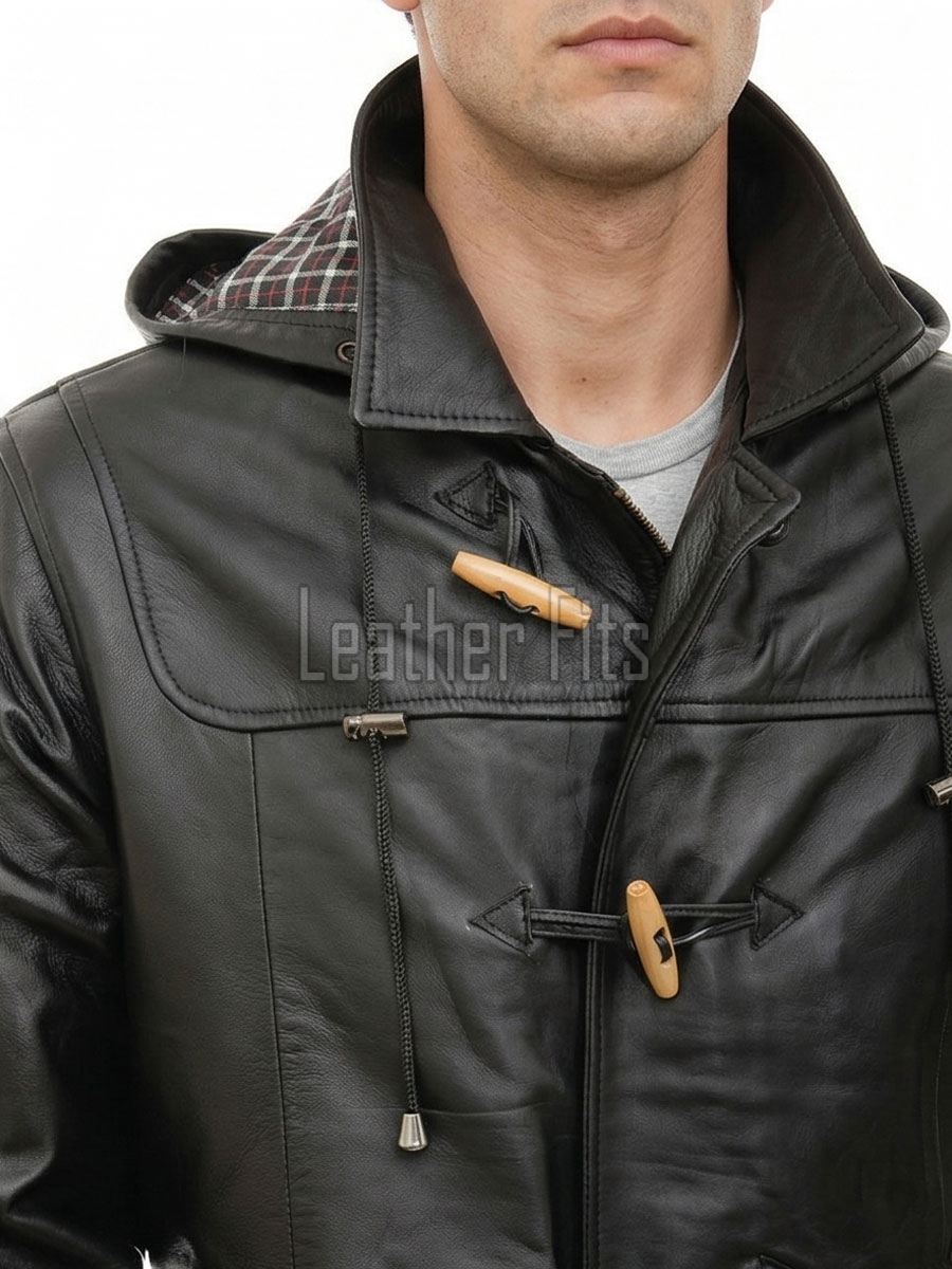 Men Hooded Black Leather Duffle Coat | Premium Onyx Sheepskin Toggle Parka Overcoat | Luxury Tartan Plaid Winter Heavy Outerwear