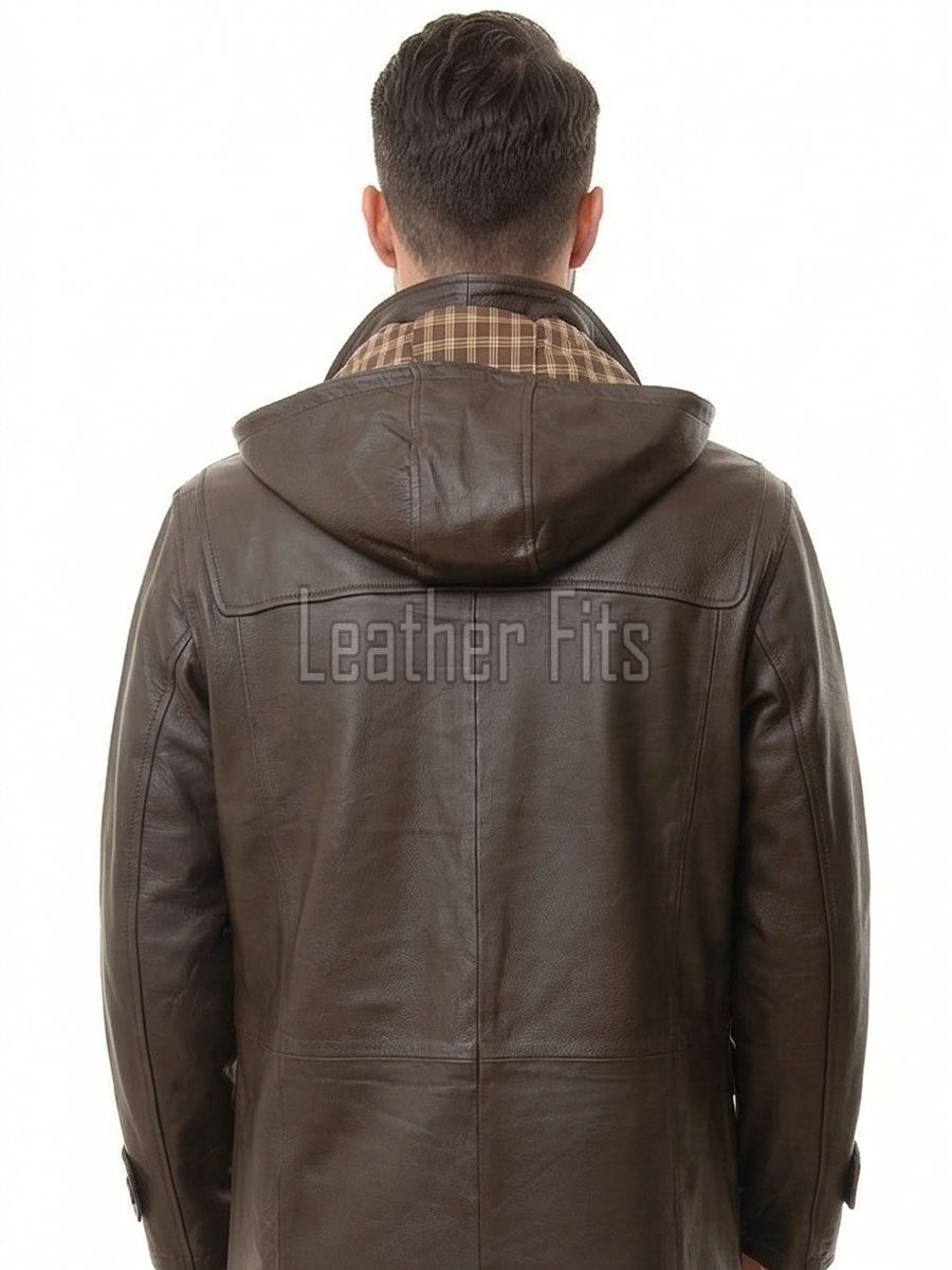 Men Hooded Brown Leather Duffle Coat | Premium Cocoa Lambskin Toggle Parka Overcoat | Luxury Vintage Plaid Lined Winter Heavy Outerwear
