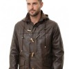 Men Hooded Brown Leather Duffle Coat | Premium Cocoa Lambskin Toggle Parka Overcoat | Luxury Vintage Plaid Lined Winter Heavy Outerwear