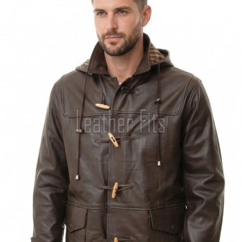 Men Hooded Brown Leather Duffle Coat | Premium Cocoa Lambskin Toggle Parka Overcoat | Luxury Vintage Plaid Lined Winter Heavy Outerwear