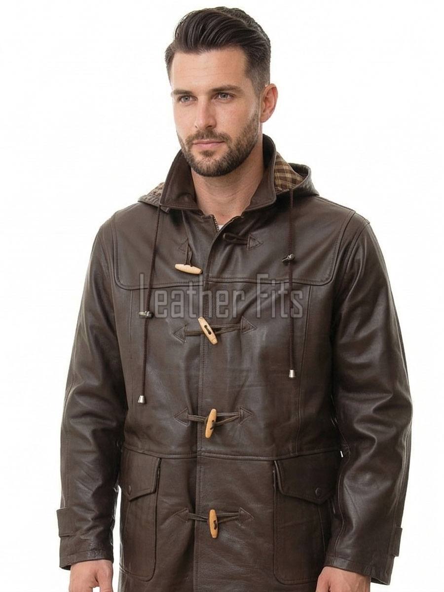 Men Hooded Brown Leather Duffle Coat | Premium Cocoa Lambskin Toggle Parka Overcoat | Luxury Vintage Plaid Lined Winter Heavy Outerwear