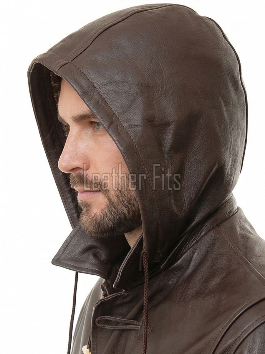 Men Hooded Brown Leather Duffle Coat | Premium Cocoa Lambskin Toggle Parka Overcoat | Luxury Vintage Plaid Lined Winter Heavy Outerwear