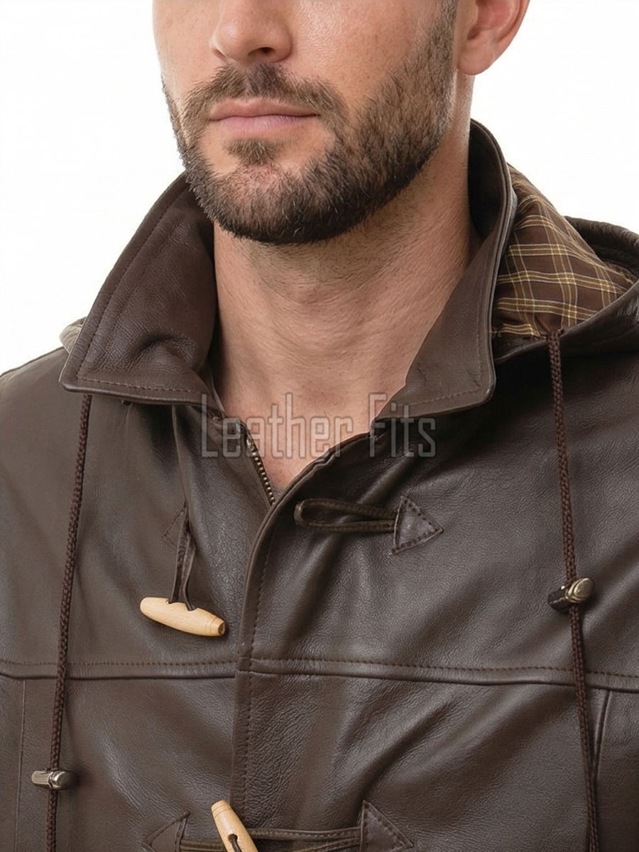 Men Hooded Brown Leather Duffle Coat | Premium Cocoa Lambskin Toggle Parka Overcoat | Luxury Vintage Plaid Lined Winter Heavy Outerwear