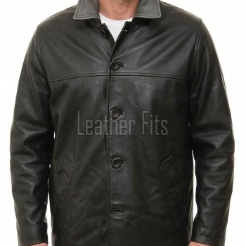 Men Minimalist Black Leather Car Coat | Premium Midnight Lambskin Button Front Duster | Luxury Winter Smooth Grain Urban Overcoat