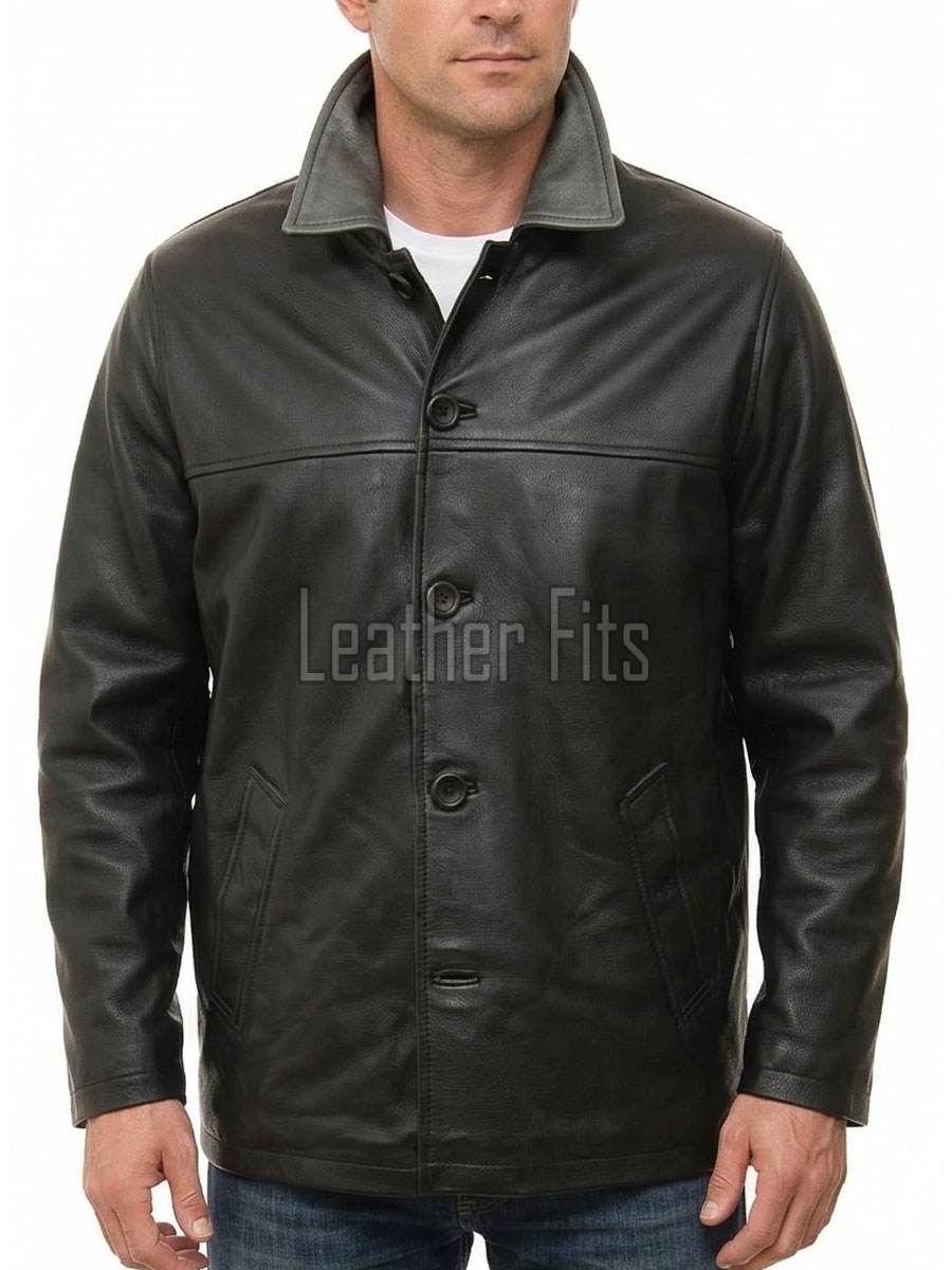 Men Minimalist Black Leather Car Coat | Premium Midnight Lambskin Button Front Duster | Luxury Winter Smooth Grain Urban Overcoat