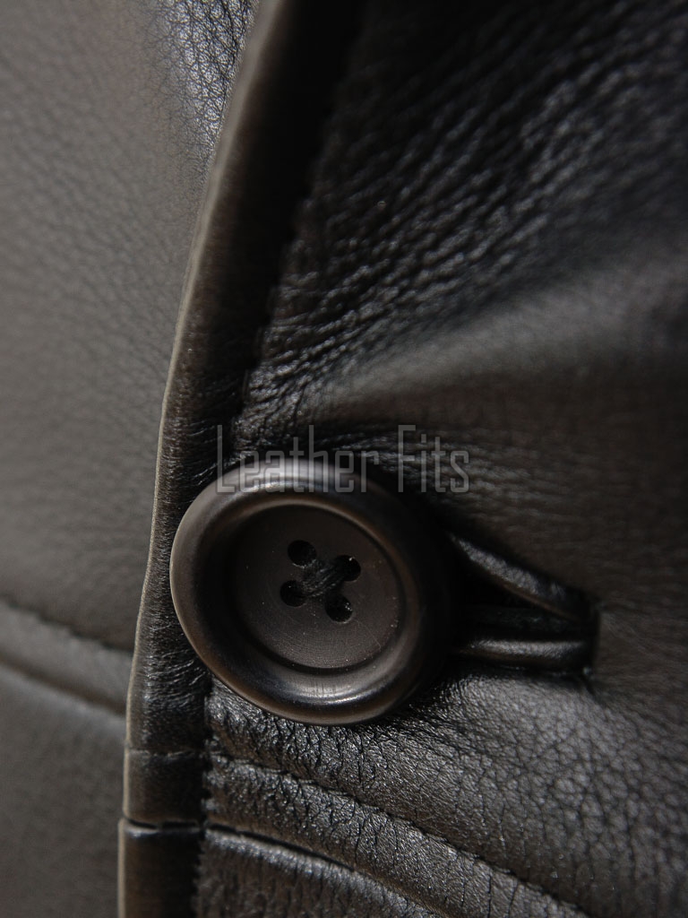 Men Minimalist Black Leather Car Coat | Premium Midnight Lambskin Button Front Duster | Luxury Winter Smooth Grain Urban Overcoat