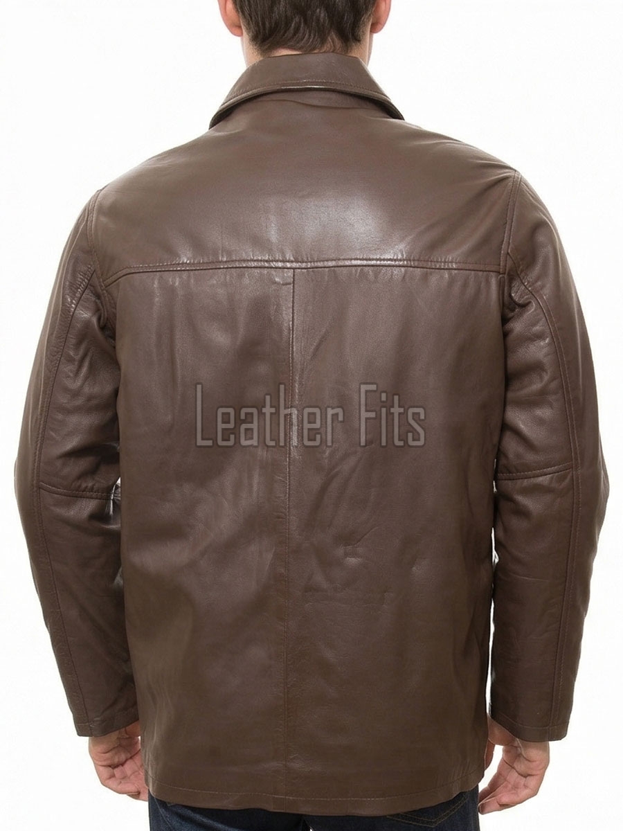 Men Chestnut Brown Leather Car Coat | Premium Umber Sheepskin Button Front Duster | Luxury Winter Smooth Grain Tailored Overcoat