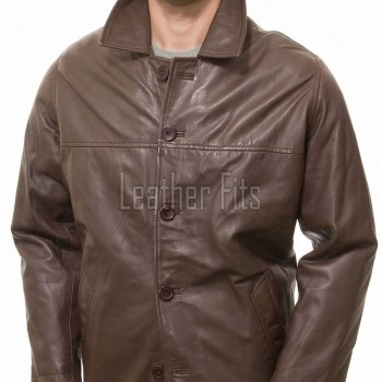Men Chestnut Brown Leather Car Coat | Premium Umber Sheepskin Button Front Duster | Luxury Winter Smooth Grain Tailored Overcoat