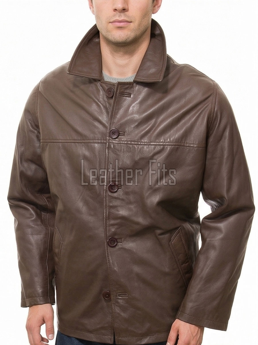 Men Chestnut Brown Leather Car Coat | Premium Umber Sheepskin Button Front Duster | Luxury Winter Smooth Grain Tailored Overcoat
