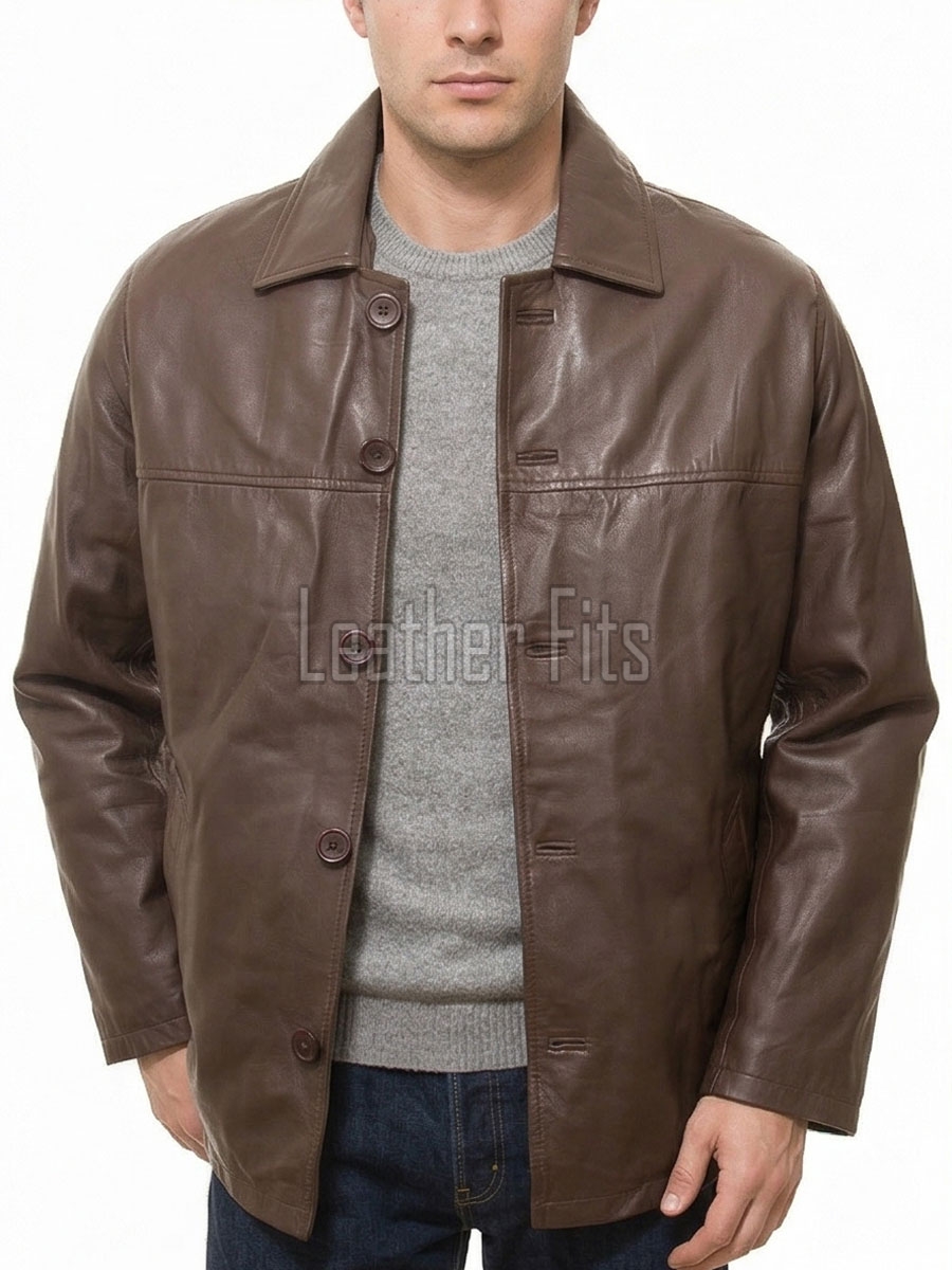 Men Chestnut Brown Leather Car Coat | Premium Umber Sheepskin Button Front Duster | Luxury Winter Smooth Grain Tailored Overcoat