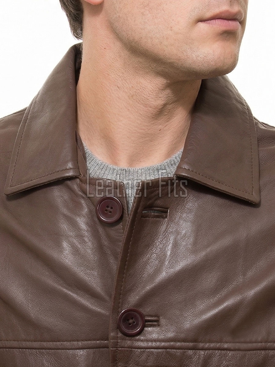 Men Chestnut Brown Leather Car Coat | Premium Umber Sheepskin Button Front Duster | Luxury Winter Smooth Grain Tailored Overcoat