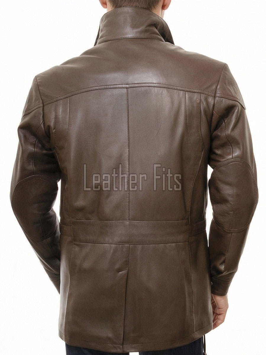 Men Espresso Brown Leather Field Coat | Premium Walnut Sheepskin Multi Pocket Duster | Luxury Winter Layered Utility Patrol Overcoat