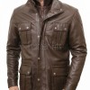 Men Espresso Brown Leather Field Coat | Premium Walnut Sheepskin Multi Pocket Duster | Luxury Winter Layered Utility Patrol Overcoat