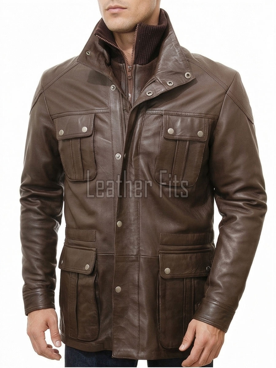 Men Espresso Brown Leather Field Coat | Premium Walnut Sheepskin Multi Pocket Duster | Luxury Winter Layered Utility Patrol Overcoat
