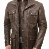 Men Espresso Brown Leather Field Coat | Premium Walnut Sheepskin Multi Pocket Duster | Luxury Winter Layered Utility Patrol Overcoat