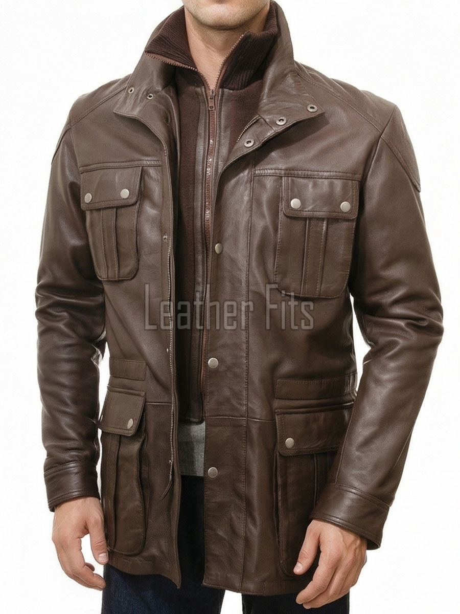 Men Espresso Brown Leather Field Coat | Premium Walnut Sheepskin Multi Pocket Duster | Luxury Winter Layered Utility Patrol Overcoat