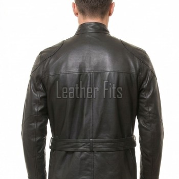 Men Obsidian Black Leather Field Coat | Premium Charcoal Sheepskin Belted Duster | Luxury Winter Multi Pocket Tactical Overcoat