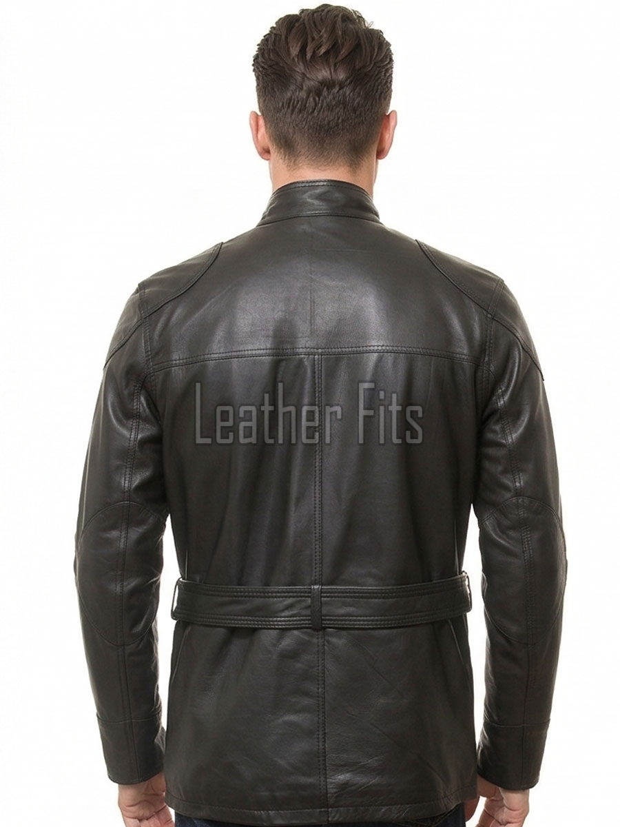 Men Obsidian Black Leather Field Coat | Premium Charcoal Sheepskin Belted Duster | Luxury Winter Multi Pocket Tactical Overcoat