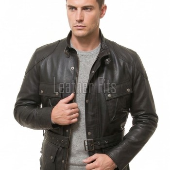Men Obsidian Black Leather Field Coat | Premium Charcoal Sheepskin Belted Duster | Luxury Winter Multi Pocket Tactical Overcoat