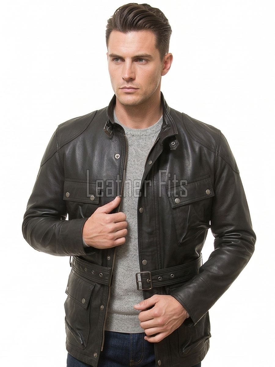 Men Obsidian Black Leather Field Coat | Premium Charcoal Sheepskin Belted Duster | Luxury Winter Multi Pocket Tactical Overcoat