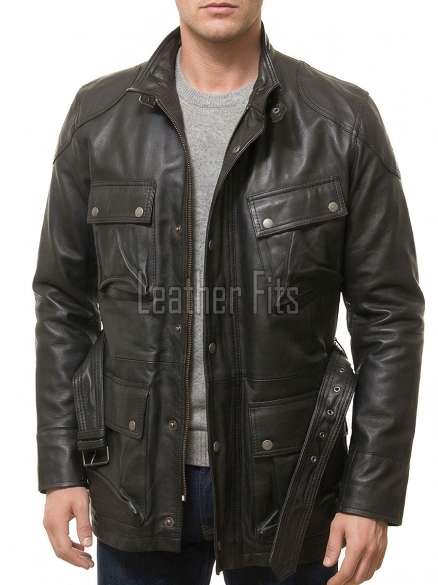 Men Obsidian Black Leather Field Coat | Premium Charcoal Sheepskin Belted Duster | Luxury Winter Multi Pocket Tactical Overcoat