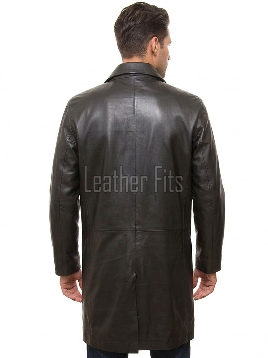 Men Onyx Black Leather Trench Coat | Premium Dark Sable Lambskin Overcoat | Luxury Winter Single Breasted Sartorial Duster