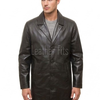 Men Onyx Black Leather Trench Coat | Premium Dark Sable Lambskin Overcoat | Luxury Winter Single Breasted Sartorial Duster
