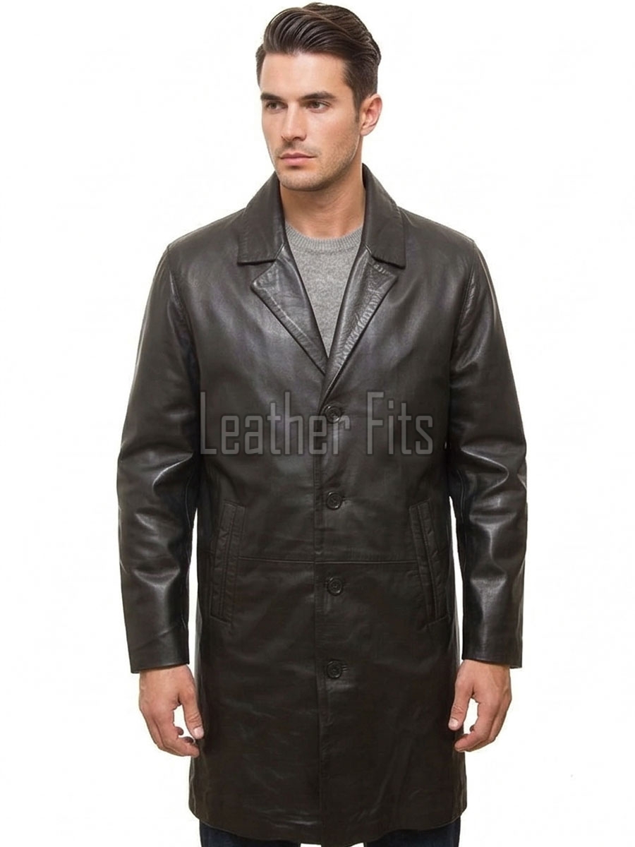 Men Onyx Black Leather Trench Coat | Premium Dark Sable Lambskin Overcoat | Luxury Winter Single Breasted Sartorial Duster