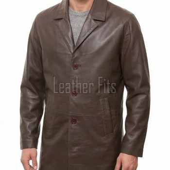 Men Umbra Brown Leather Long Coat | Premium Espresso Lambskin Car Duster | Luxury Winter Single Breasted Minimalist Overcoat