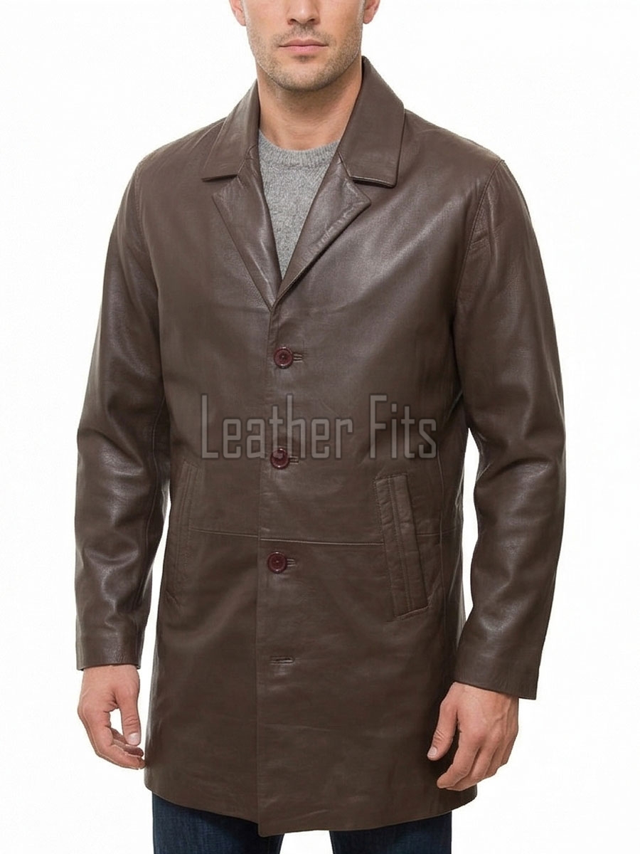 Men Umbra Brown Leather Long Coat | Premium Espresso Lambskin Car Duster | Luxury Winter Single Breasted Minimalist Overcoat