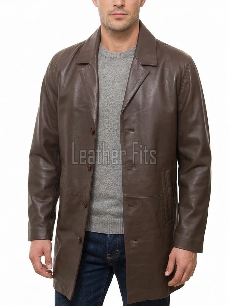 Men Umbra Brown Leather Long Coat | Premium Espresso Lambskin Car Duster | Luxury Winter Single Breasted Minimalist Overcoat