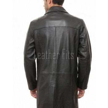 Men Obsidian Black Leather Long Coat | Premium Charcoal Sheepskin Duster Jacket | Luxury Winter Single Breasted Tailored Overcoat