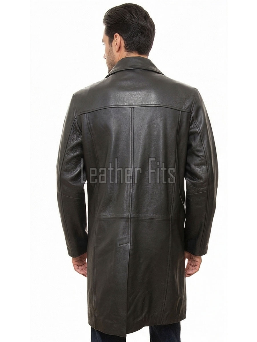 Men Obsidian Black Leather Long Coat | Premium Charcoal Sheepskin Duster Jacket | Luxury Winter Single Breasted Tailored Overcoat