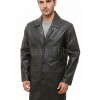 Men Obsidian Black Leather Long Coat | Premium Charcoal Sheepskin Duster Jacket | Luxury Winter Single Breasted Tailored Overcoat