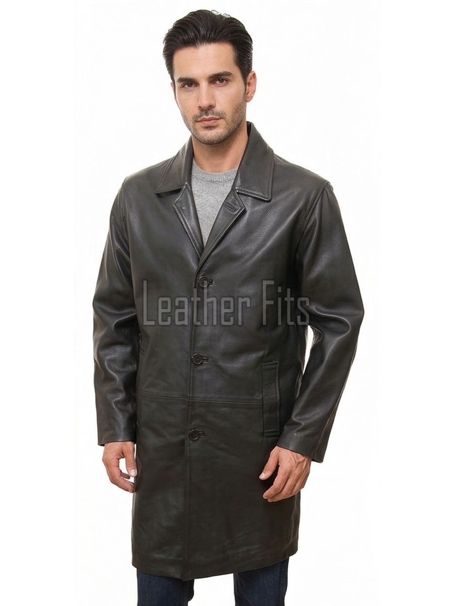 Men Obsidian Black Leather Long Coat | Premium Charcoal Sheepskin Duster Jacket | Luxury Winter Single Breasted Tailored Overcoat