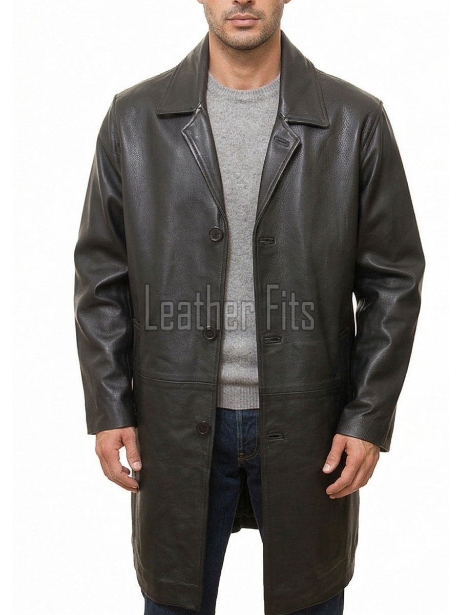 Men Obsidian Black Leather Long Coat | Premium Charcoal Sheepskin Duster Jacket | Luxury Winter Single Breasted Tailored Overcoat