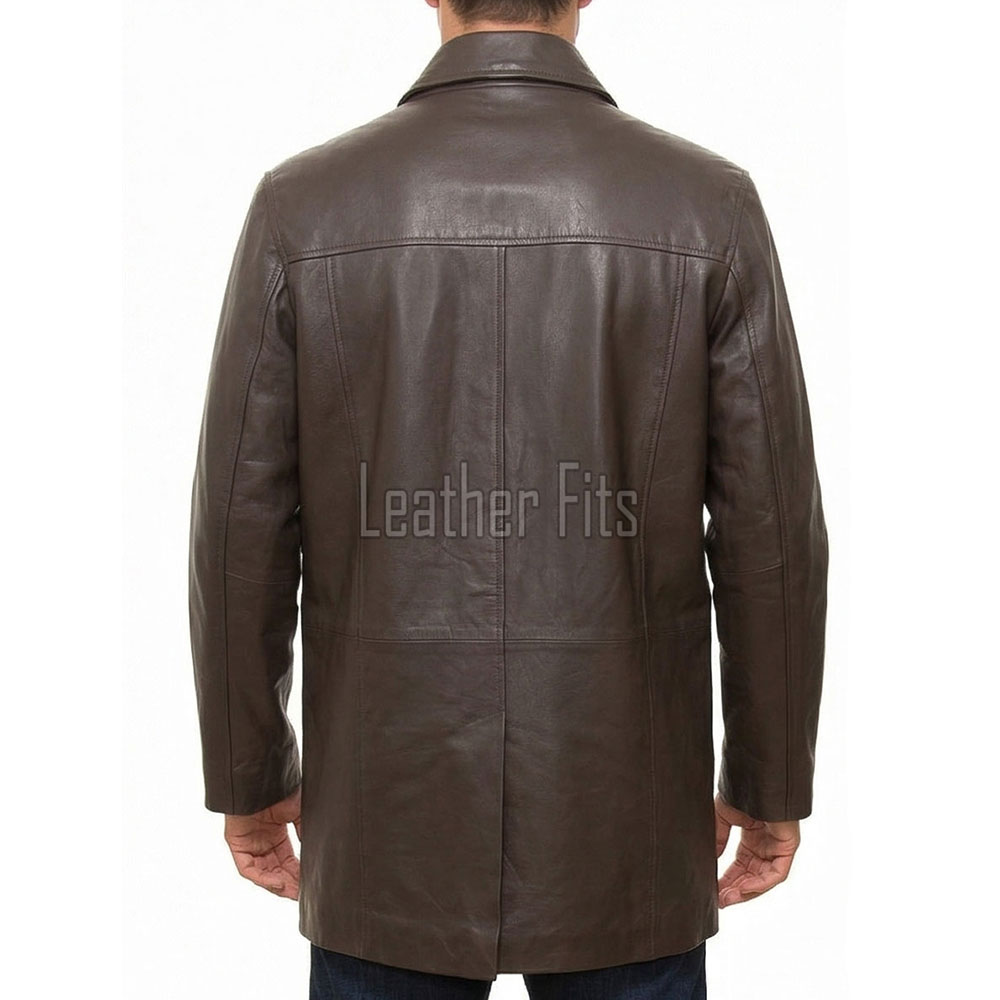 Men Mahogany Brown Leather Long Coat | Luxury Bronze Lambskin Winter Trench | Premium Single Breasted Tailored Car Duster Overcoat