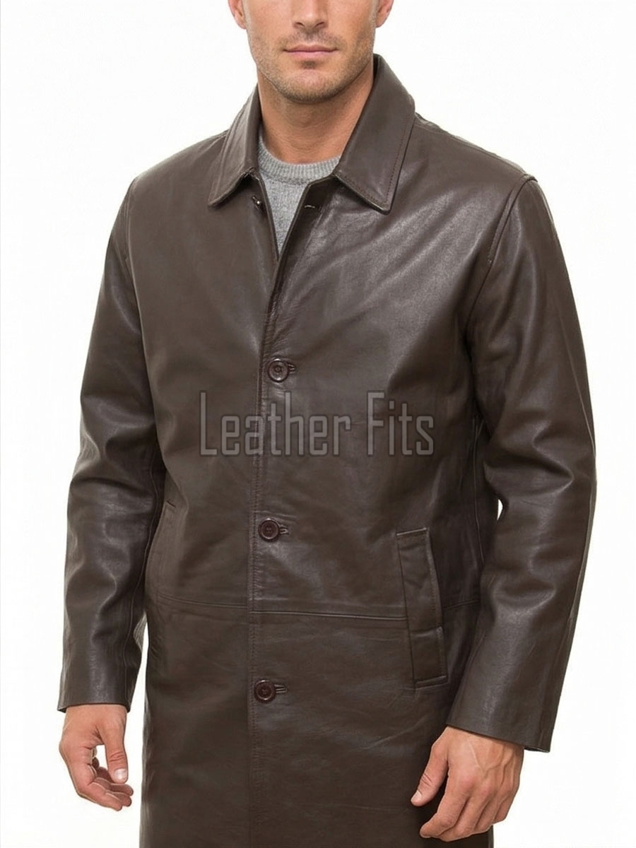 Men Mahogany Brown Leather Long Coat | Luxury Bronze Lambskin Winter Trench | Premium Single Breasted Tailored Car Duster Overcoat