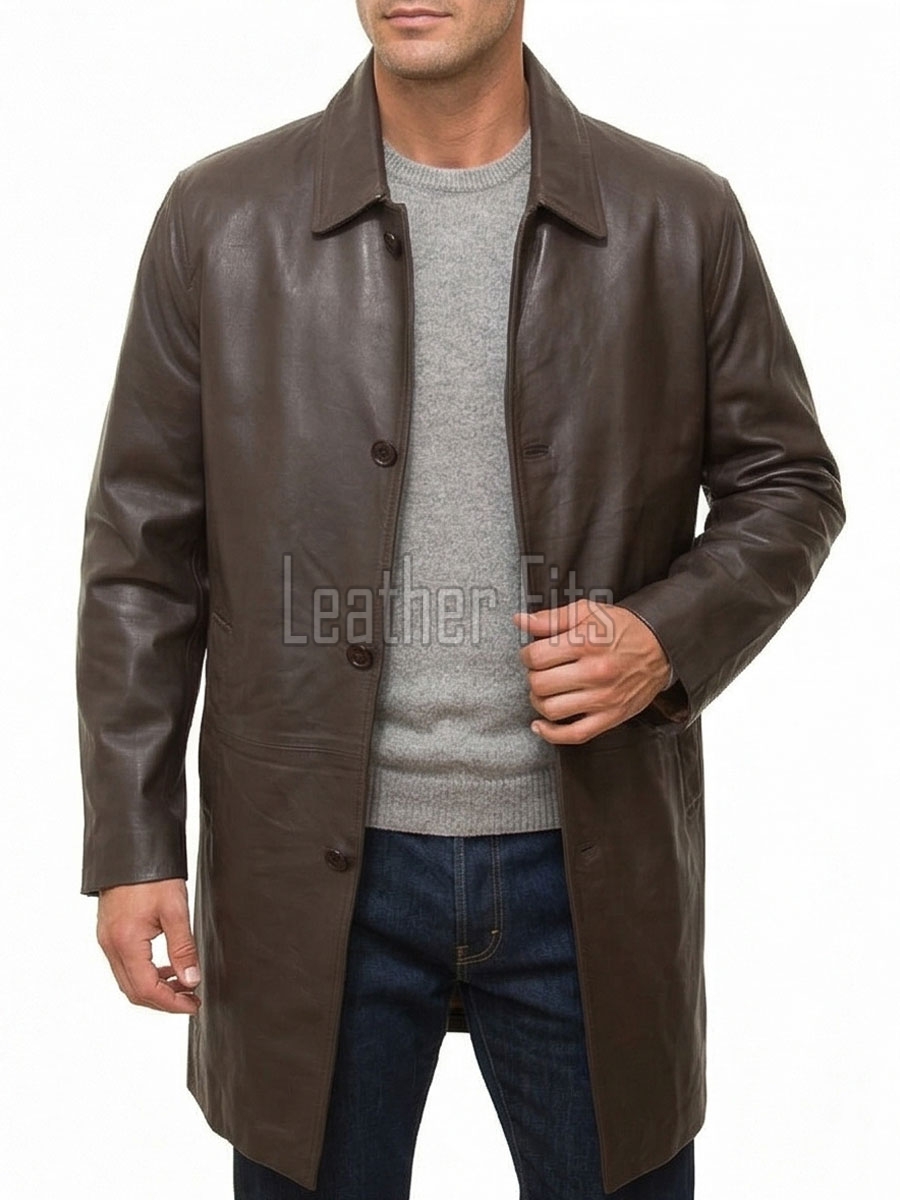 Men Mahogany Brown Leather Long Coat | Luxury Bronze Lambskin Winter Trench | Premium Single Breasted Tailored Car Duster Overcoat