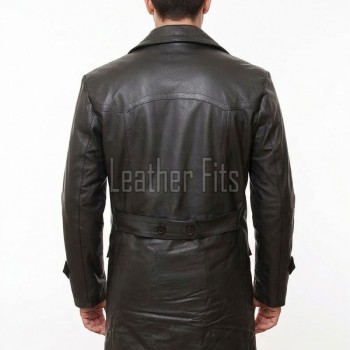 Men Espresso Brown Leather Long Coat | Premium Double Breasted Winter Trench Jacket | Luxury Pebble Grain Belted Officer Duster